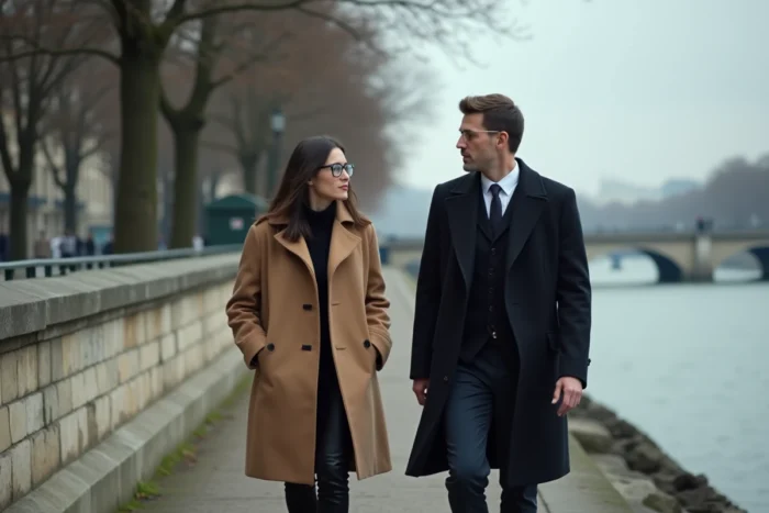 Deux personnalités en manteau marchant discrètement le long des quais de Seine à Paris, atmosphère de relation controversée et secrète
