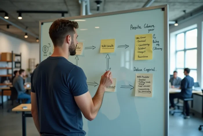 Développeur web masculin présentant l'architecture d'un sitemap sur un tableau blanc dans un bureau de startup tech