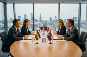 Diplomates européens en réunion autour d'une table de conférence à Bruxelles avec drapeaux nationaux