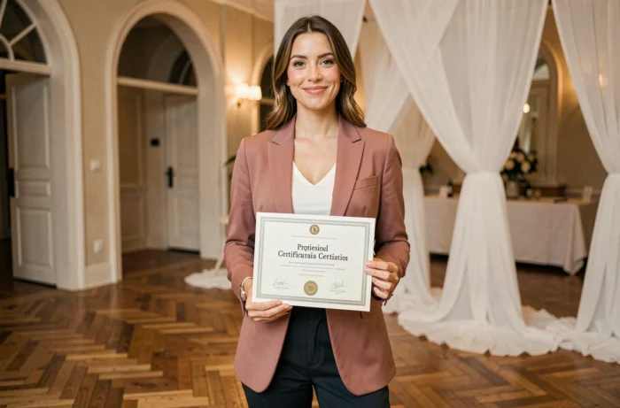 Wedding planner diplômée tenant son certificat professionnel dans une salle de réception