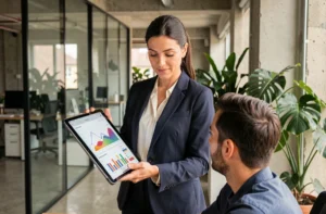 Femme dirigeante analysant des graphiques de croissance d'entreprise sur une tablette dans un bureau moderne