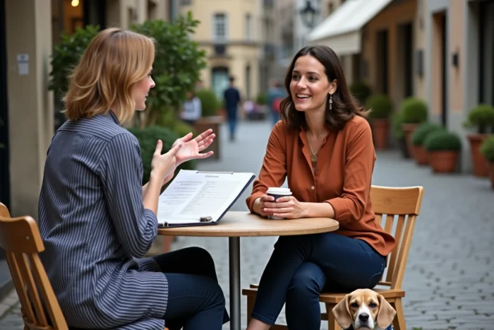 Deux femmes discutant des options de formation pour pet sitter professionnel en terrasse de café avec un chien beagle à leurs pieds