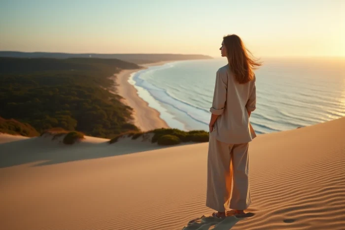 Femme contemplant la baie d'Arcachon depuis le sommet de la Dune du Pilat en soirée, paysage côtier panoramique
