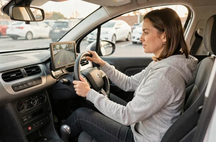 Conductrice visualisant le retour de caméra de recul sur un écran de tableau de bord dans une Citroën C3