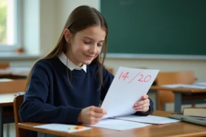 Élève de lycée examinant une copie notée 14 sur 20 dans une salle de classe