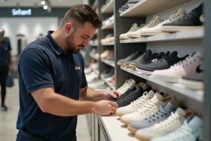 Employé de boutique retail arrangeant des sneakers sur un présentoir en magasin sportswear moderne
