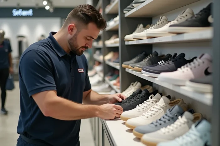 Employé de boutique retail arrangeant des sneakers sur un présentoir en magasin sportswear moderne