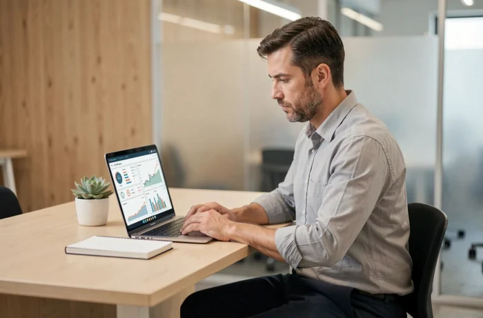 Entrepreneur analysant des indicateurs de performance et des ressources innovantes pour développer son entreprise