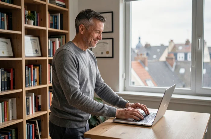 Entrepreneur masculin en home office travaillant sur sa biographie professionnelle avec un ordinateur portable
