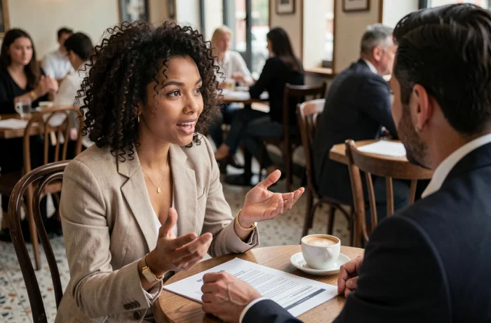 Jeune entrepreneuse discutant de sa description personnelle avec un coach business dans un café parisien