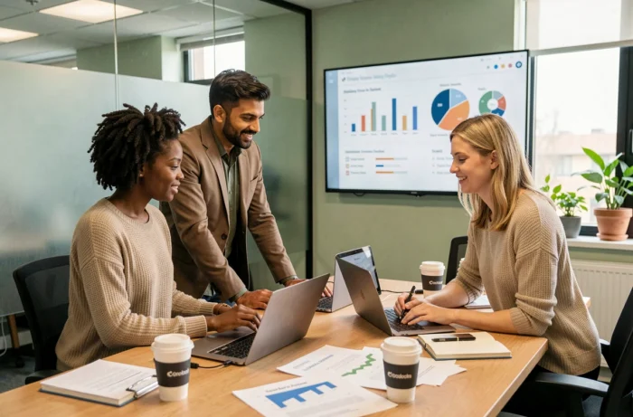 Équipe diversifiée de professionnels collaborant autour d'une table de réunion lors d'une session de stratégie business et finance