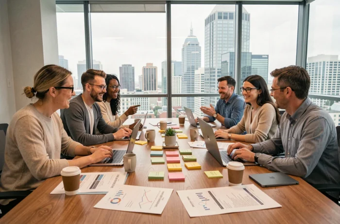 Équipe de professionnels en réunion de stratégie pour booster la croissance de leur entreprise
