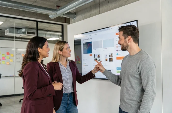 Équipe pluridisciplinaire collaborant sur la stratégie de développement d'un site e-commerce dans un espace de coworking moderne