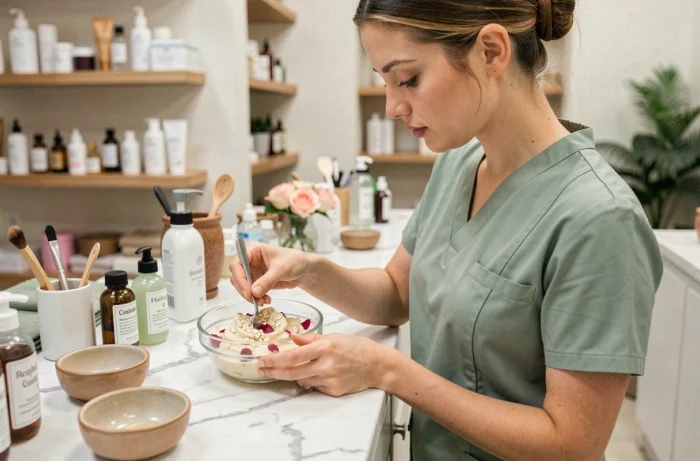 Esthéticienne professionnelle préparant un gommage naturel à base de pétales de rose dans un institut de beauté