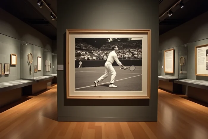 Exposition de musée du tennis avec photo historique d'un joueur gagnant le Grand Chelem au XXe siècle