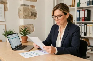 Responsable RH vérifiant des documents de paie externalisée dans un bureau moderne à Aire-sur-l'Adour