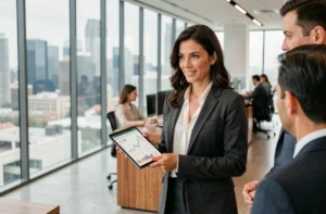Femme d'affaires professionnelle en blazer charbon discutant de stratégie financière dans un bureau moderne avec vue sur la ville
