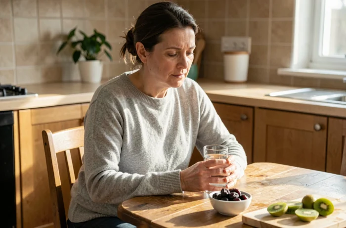 Femme tenant un verre d'eau avec des aliments riches en fibres sur une table de cuisine, solution naturelle contre la constipation
