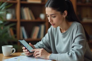 Femme consultant une application de géolocalisation sur smartphone à son bureau, illustrant les outils de localisation modernes