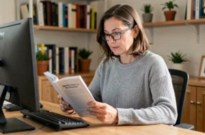 Femme adulte apprenant les bases de l'informatique avec un guide pour débutants dans un bureau à domicile