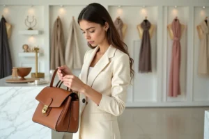 Jeune femme élégante dans une boutique parisienne tenant un sac en cuir structuré avec des accessoires tendance en arrière-plan