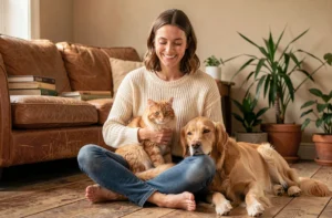 Femme souriante avec un chat roux et un golden retriever dans un salon chaleureux
