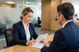 Femme cadre discutant d'un projet de financement avec un conseiller bancaire dans une agence BPCE moderne