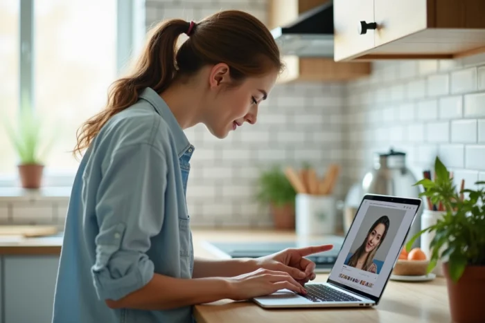 Femme consultant une page de profil Instagram sur un ordinateur portable dans une cuisine moderne avec des carreaux blancs et un plan de travail en bois