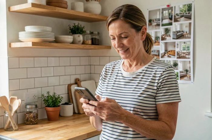 Femme contactant un expert en décoration pas cher via smartphone dans une cuisine moderne