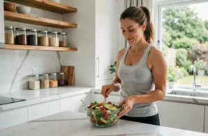 Femme préparant un repas sain et coloré dans une cuisine moderne pour perdre du poids naturellement