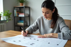 Femme développeuse web annotant un schéma de sitemap imprimé sur un bureau en bois dans un bureau à domicile moderne