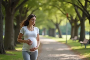 Femme enceinte marchant dans un parc, une main sur le ventre, portant une tenue de sport confortable