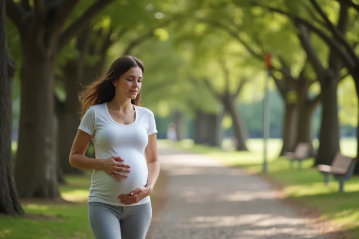 Femme enceinte marchant dans un parc, une main sur le ventre, portant une tenue de sport confortable