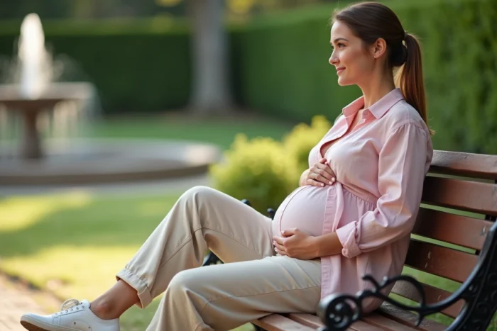 Femme enceinte assise sur un banc de jardin public, faisant une pause et étirant ses chevilles après une marche