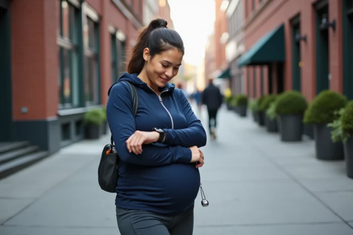 Femme enceinte consultant sa montre connectée pour compter ses pas lors d'une promenade en ville