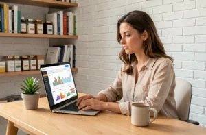 Femme entrepreneur gérant son commerce en ligne depuis un bureau à domicile moderne, regardant un tableau de bord e-commerce sur son ordinateur portable