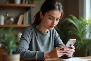 Jeune femme examinant une photo de profil Instagram sur son smartphone, assise à un bureau en bois dans un bureau à domicile cosy