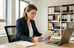 Femme professionnelle en formation administrative dans un bureau moderne, révisant des documents de cours avec concentration