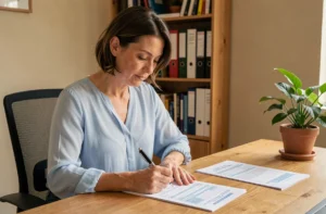 Femme remplissant un formulaire administratif CESU à son bureau à domicile