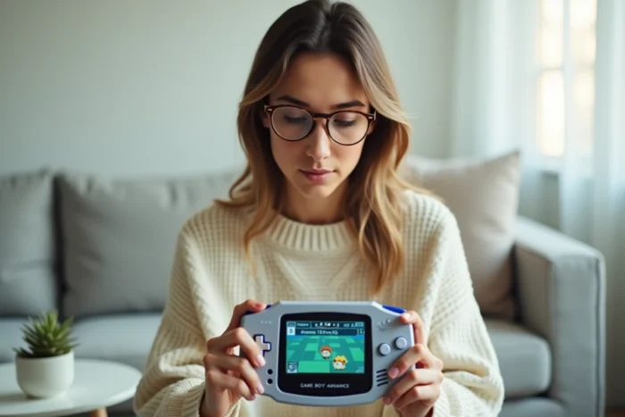 Femme adulte concentrée tenant un Game Boy Advance SP affichant un combat Pokémon lors d'une partie en mode Nuzlocke