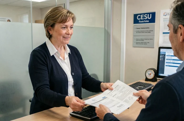 Femme déposant des documents pour ses démarches CESU au guichet administratif