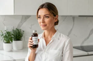 Femme tenant une bouteille de jus de Noni bio dans une cuisine minimaliste pour une cure minceur