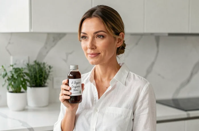 Femme tenant une bouteille de jus de Noni bio dans une cuisine minimaliste pour une cure minceur