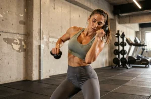 Femme pratiquant un exercice de kettlebell dans une salle de sport moderne, illustrant les tendances fitness actuelles
