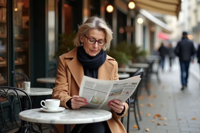 Femme lisant un journal en terrasse de café parisien avec une tasse de café un matin d'automne