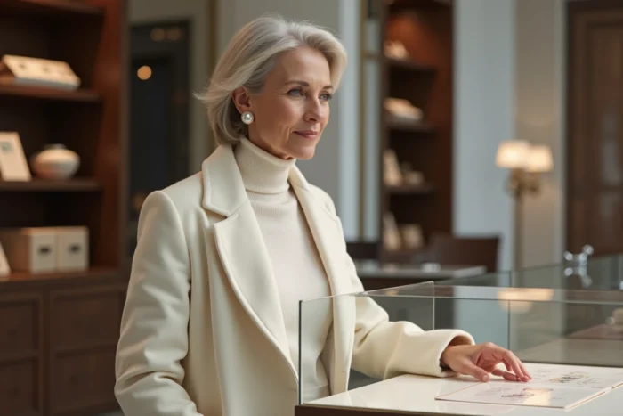 Femme mature en manteau blanc en cachemire dans une boutique de luxe parisienne, symbole du pouvoir discret de la couleur blanche