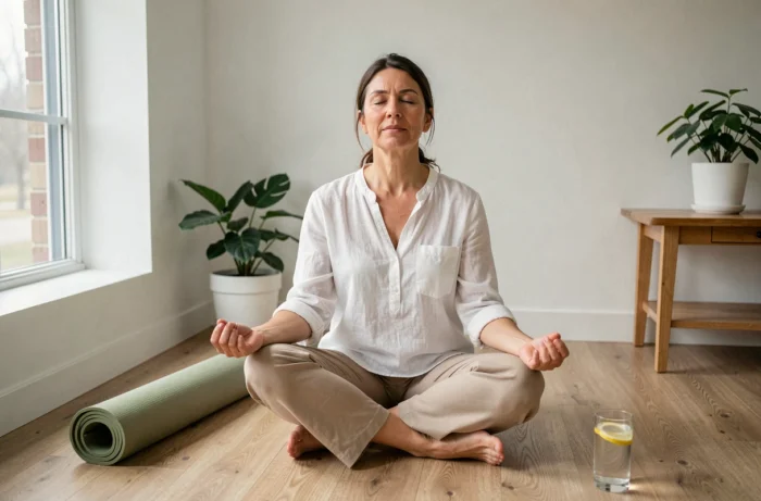 Femme pratiquant la méditation chez elle pour réduire le stress et favoriser une perte de poids durable