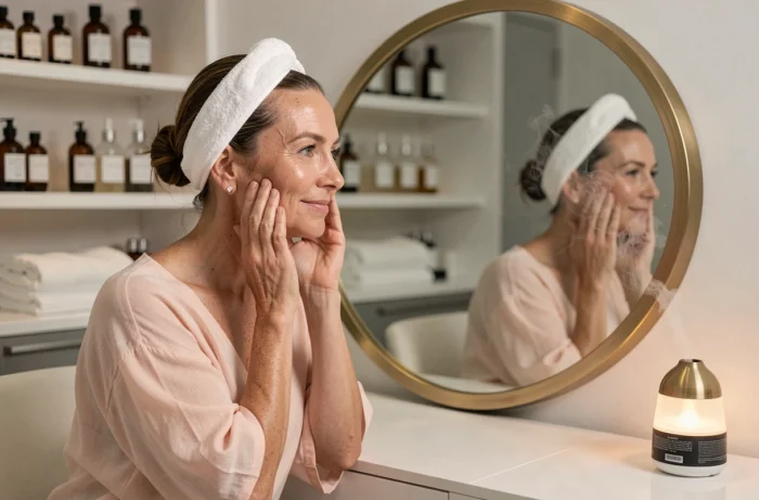 Femme admirant sa peau revitalisée dans le miroir d'un institut de beauté moderne après un soin visage
