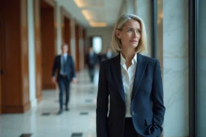 Femme politique française en blazer marine dans un couloir institutionnel, regard de côté, atmosphère discrète et tendue