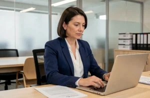 Femme professionnelle consultant un guide de déclaration éthique sur son ordinateur portable dans un bureau moderne